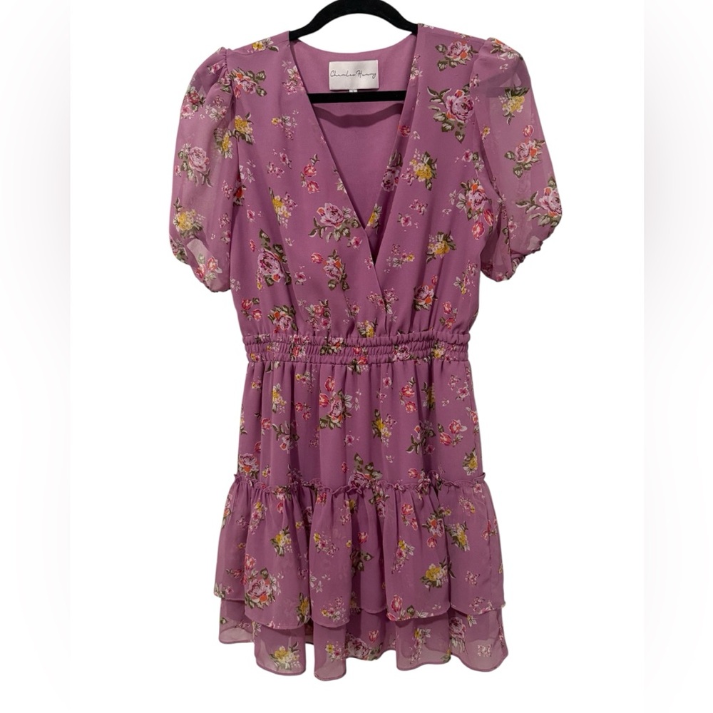 Charles Henry Purple Smocked Tier Hem Floral Short Sleeve Mini Dress (Size S)